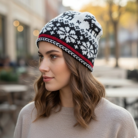 Hand Knit Beanie Fair Isle Nordic Style 4 Point Black And White Hat S/M - Picture 1 of 8